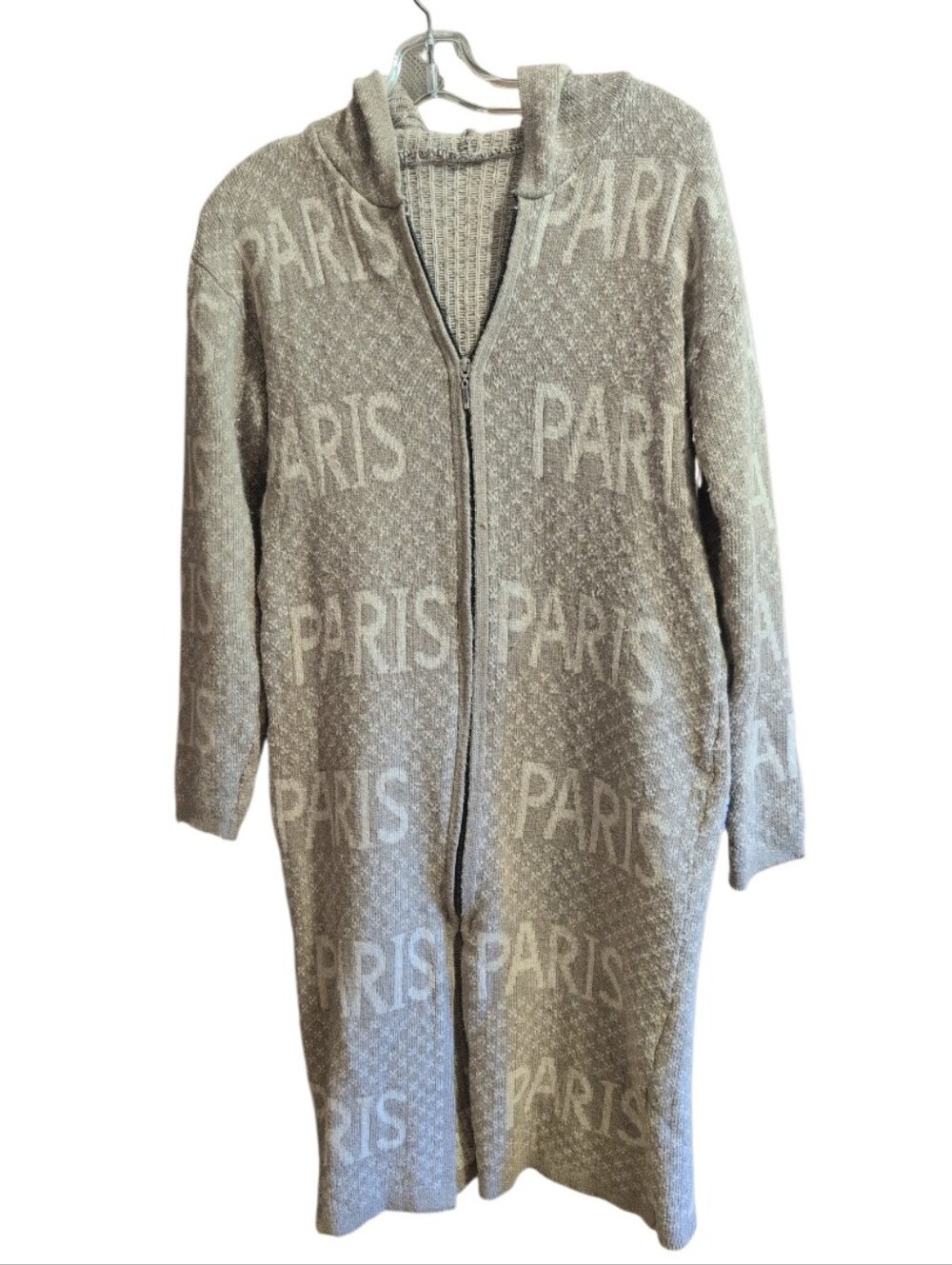 Paris Graphic Hooded Long Zip Cardigan Sweater Women's Beige Knit Duster Jacket - Picture 2 of 6